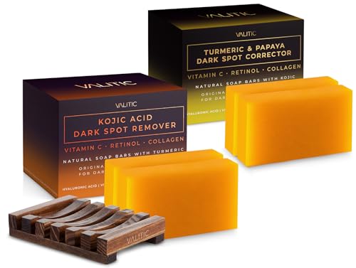 VALITIC Kojic Acid Dark Spot Remover Soap Bars 2 Pack with Holder & Turmeric Papaya Dark Spot Corrector Soap 2 Pack Original Japanese Complex – Hyaluronic Acid, Vitamin C, Shea Butter, Castile Oil