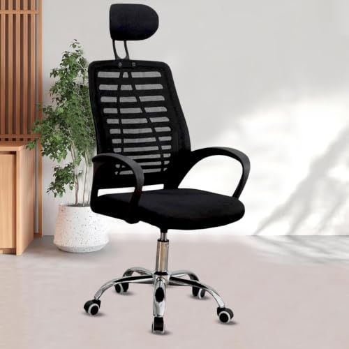 Image of Mesh Office Desk Chair,Rocking Ergonomic Computer Adjustable High with Headrest and Armrest Swivel Chair - Jet Black & Black Handle