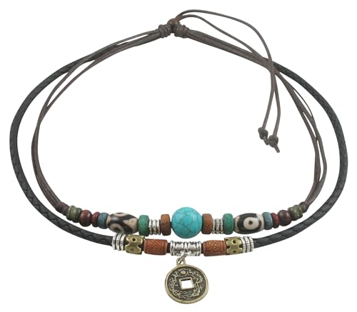 Ancient Tribe Boho Double Layer Necklace with Chinese Coin Pendant and Turquoise Bead – Black Leather & Brown Hemp Cord, Adjustable Choker Jewelry for Man and Women (15 Inches)