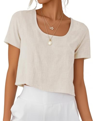 IDEALSANXUN Womens Short Sleeve Linen Shirts Casual Spring Summer Scoop Neck Cute Crop Blouse Tops