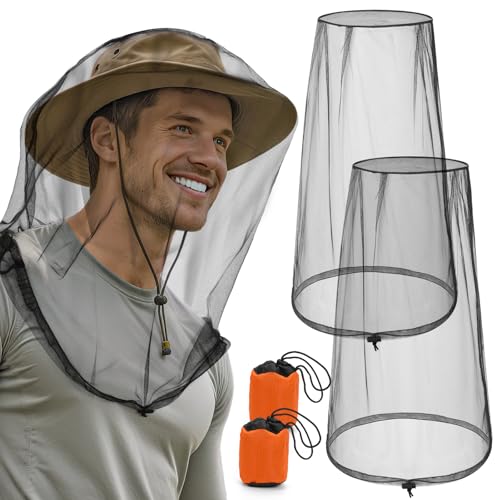 Pmxary 2 Pack Premium Mosquito Head Nets with Drawstring, Breathable Ultra Large Bug Net for Head, Mosquito Net Hat for Men and Women, Universal Fit for Hats, Essential for Outdoor Activities Black