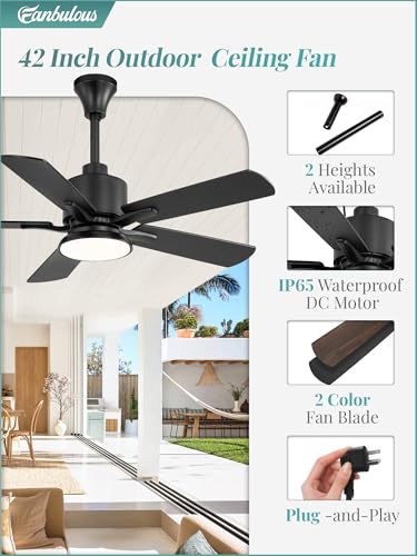 Fanbulous 42" Outdoor Ceiling Fans with Light for Patios, IP65 Waterproof Gazebo Fan, Plug in Ceiling Fan with Remote, 3CCT 6-Speed Black Ceiling Fan with Hanging Hook for Porch, Pergola,Canopy - Image 2
