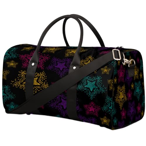Colorful Stars Travel Duffel Bag, Black Sports Tote Gym Bag, Foldable Weekender Overnight Bag, Luggage Handle Bag for Women Men