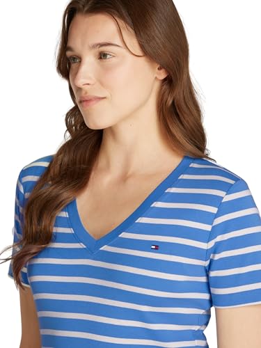 Tommy Hilfiger Damen T-Shirt Kurzarm New Slim Cody mit V-Ausschnitt, Mehrfarbig (Fine STP Blue Spell/Ivory Petal), XXS – Ansicht 3
