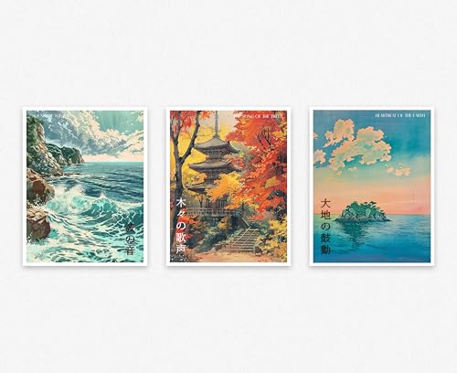Art mural japonais de haute qualité, triptyque de paysages épurés Wallbuddy 50x70 cm
