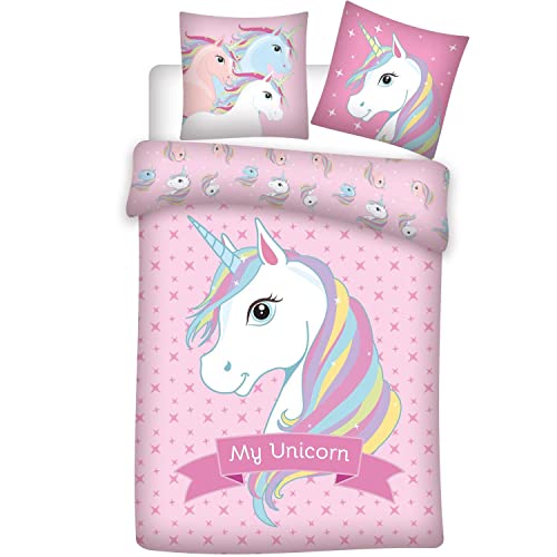 Parure de Lit Licorne Rose, Housse de Couette 140x200 cm + Taie d'Oreiller 65x65 cm, 100% Polyester