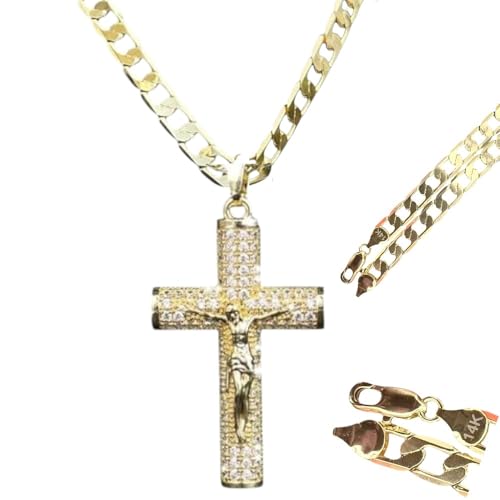 14K Gold Plated Jesus Christ Cross Crucifix Pendant with Bling Crystals, 24