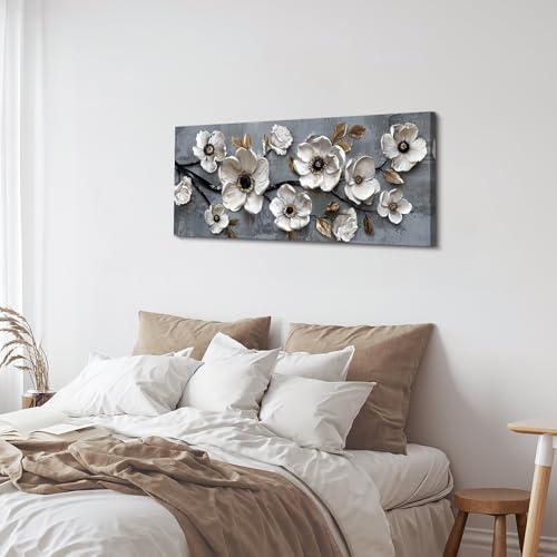 Tableau de fleurs blanches sur grande toile encadrée de 120x50 cm