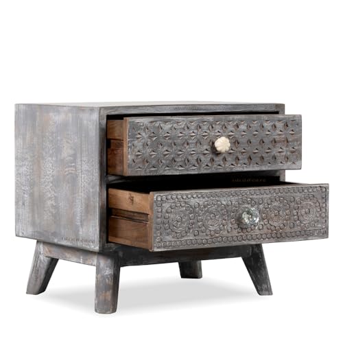 Image of Wooden Bedside Table for Bedroom with Drawers | Solid Wood Handcrafted Bed Side Table with Drawers | Side Table for Living Room | Traditional Rajasthani Art (Grey Distress)