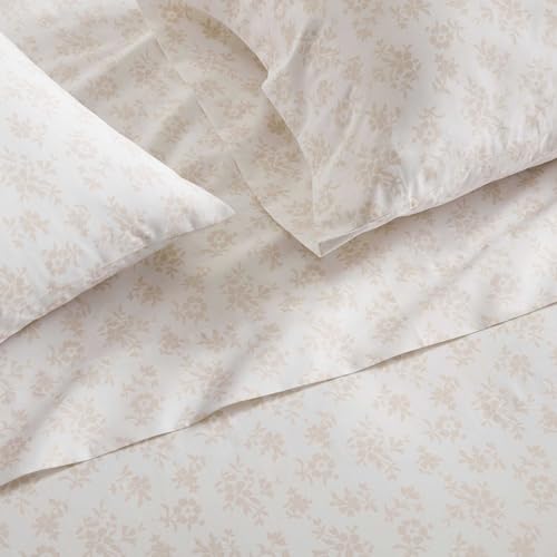 Image of Martha Stewart - Twin Size Sheets Set, Crisp & Tailored Cooling Sheets w /a Naturally Smooth Cotton Percale Lightweight Feel - Bed Sheets with Matching Pillowcase & Fitted Sheet (Floral White)