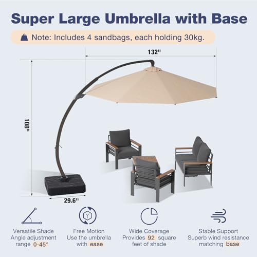 Image of Aoxun Aluminum Patio Furniture Set with Umbrella 4 Seats, Oversized Outdoor Sectional with Washable Thick Cushions, Coffee Table, Patio Conversation Sets for Porch, Balcony, Deck