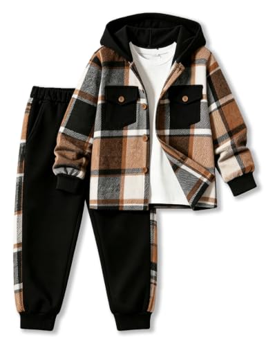 Image of Toddler Boy Clothes Plaid Hooded Shirt White T-shirt Top and Solid Color Pants 3Pcs Winter Boys Clothes