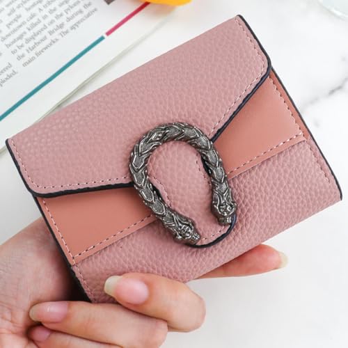 Carteira feminina fina de poliuretano, bolsa curta com três dobras com fivela de cabeça de dragão embutida em 7 compartimentos, 1 janela para identidade, carteira com porta-cartão de crédito, rosa, 12