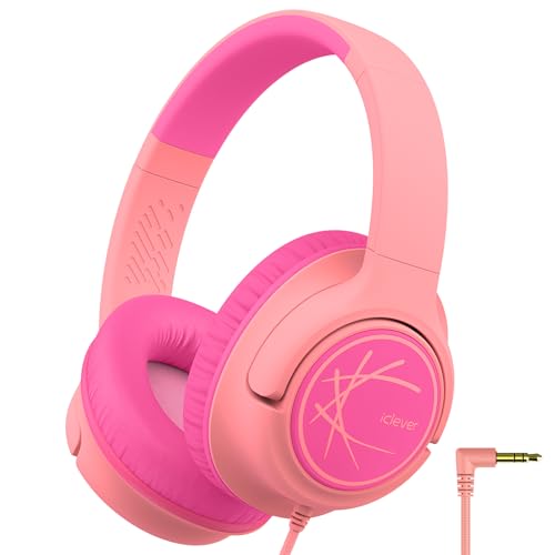 Image of iClever Kids Headphones with Cord, 85dBA Safe Volume Wired Headphones for Kids, Stereo Sound Foldable Adjustable, 3.5mm Jack, Over Ear Kid Headphone for School /Boys /Girls /iPad /Tablet /Travel, Pink2