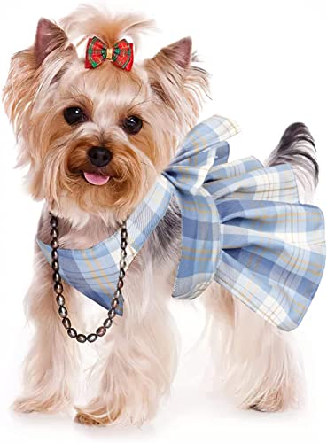 Image of KUTKUT Polyester Plaid Dog Dress Bow Tie Harness Leash Set Harness Dress For Small Dogs Cute Dog Pet Girl Puppy Summer Clothes For Female Dogs (Size: Xl,Adjustable Bust: 50Cm,1 Count)