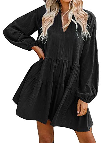 FANCYINN Mujer de Vestidos Suelto Manga de Volantes y Dobladillo Casual Mini Vestidos Cóctel Cover