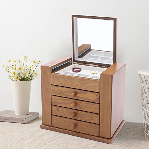 Vintage-Schmuck-Organizer-Box – 5-lagige Vitrine mit 4 Schubladen und Spiegel für Uhren, Halsketten, Ringe und Ohrringe – florales geschnitztes Design für Frauen und Mädchen