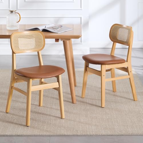 chairus Lot de 2 Chaises de Salle à Manger en Cuir PU, Chaise de Cuisine à Dossier en Rotin, Chaise Cannage avec Pieds en Bois, Marron-2