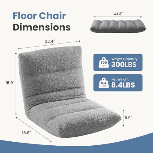 Image of DUMOS Folding Floor Chair with Back Support, Adjustable 14-Position Floor Seating with Comfy Teddy Velvet for Adults & Kids, Reading, Gaming, Meditation, Watching, Grey