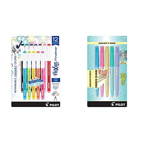 PILOT FriXion Fineliner Erasable Marker Pens, Fine Point, Assorted Color Inks, 12-Pack (11452) & FriXion Light Pastel Collection Erasable Highlighters, Chisel Tip, Assorted Color Inks, 5-Pack (46543)