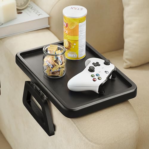 Tinamo Acacia Couch Arm Table - Wooden Sofa Armrest Tray - Clip-on Tray for Wide Couch - Side Table for Eating & Drink (Black)