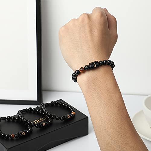 Fltsf.h Initial Bracelets For Men Letter Link Handmade 8Mm Natural Black Onyx Tiger Eye Stone Beads Braided Rope Meaningful Bracelet Father's Day Gift #TOP1
