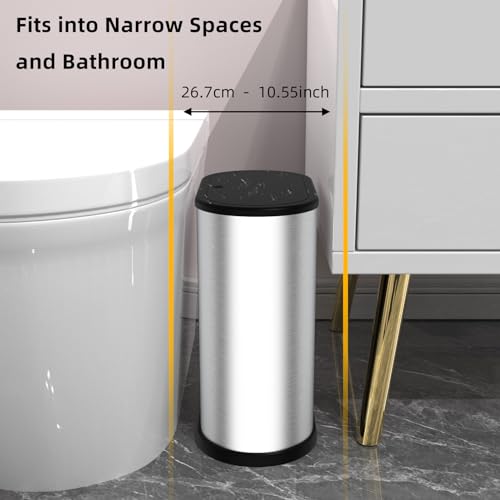 Image of KSSKSS 1.8 Gallons Small Stainless Steel Trash Can with Press Type Lid, Slim Bathroom Garbage Bin, Removable Liner Bucket, Dog Proof Narrow Wastebasket with Pop-Up Lid for Bedroom,Toilet (Silver)