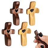 SongBuydn Handschmeichler Holz, 4 Holzkreuze mit Herzgravur für tägliches Gebet und Meditation, christliche Geschenke für Kommunion und Konfirmation, 2 Naturholz und 2 Walnussholz Kreuze