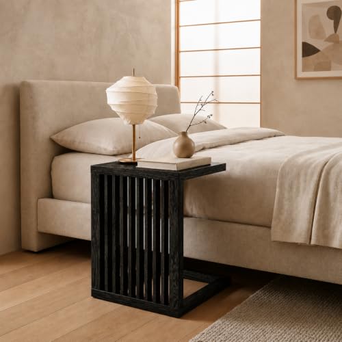 Image of Solid Sheesham Wood C Shape Side Table for Living Room | Modern Sofa End Table | Wooden Laptop Table for Bed | Coffee & Snack Table | Bedside End Table | Black Brown Finish