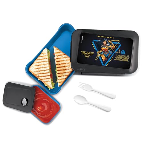 Image of Milton Berry Tiffin Lunch Box for Kids Boys & Girls with Leak-Proof Inner Container| Food Grade,BPA Free,Compact & Durable Snacks Box for kids I Plastic Spoon & Fork, 850 ml, Wonder Woman print, Black