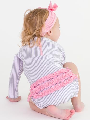 Image of RuffleButts Baby-Girls Seersucker Long Sleeve Rash Guard - One Piece Swimsuit UPF 50+ Toddler