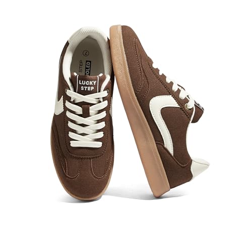 LUCKY STEP Women's Classic Fashion Casual Sneakers Skate Shoes No Slip Lace Up Walking Shoes(9 M US Brown)