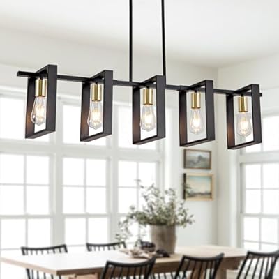 Poroulux Farmhouse Kitchen Island Lighting Black Dining Room Lights Ceiling Hanging Rustic 5 Lights Wood Chandelier Light fixtures 41.3" Height Adjustable