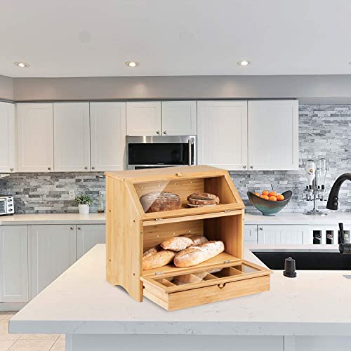 Homekoko Large Bamboo Two-Layer Bread Box With Drawer, Double Layers Large Bread Box For Kitchen Counter, Wooden Large Capacity Bamboo Bread Food Storage Bin (Natural) #TOP5