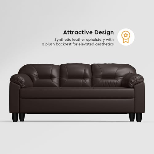Image of Interio by Godrej Sofa Rejoice 3 Seater Leatherette Sofa for Living Room, 1-Year Warranty, Pinewood, Coffee Brown