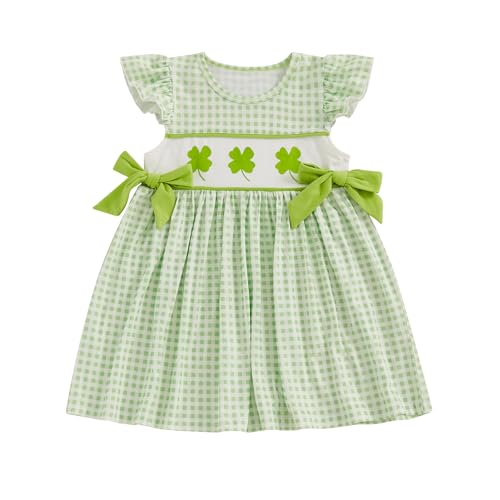 Little Girls St Patricks Day Outfit Shamrock Clover Embroidery Flutter Sleeve Smocked Dress Green Plaid Bows A-Line Dress