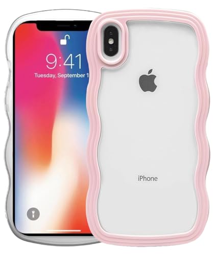 Image of GoldKart iPhone X /Xs Case Wavy Edge Clear Back Design, Anti-Slip Grip Cute Wave Curly Frame Shape Shockproof Soft TPU & Hard PC Bumper Protective Phone Case Cover for Women Girls - Pink