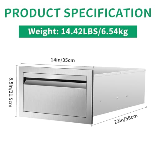 Image of Outdoor Kitchen Drawers 14 inch W x 8.5 inch H x 23 inch D Stainless Steel Single Drawers with Hidden Handle for BBQ Island, Patio Grill Station & Outdoor Kitchen Cabinets
