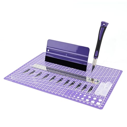 EHDIS Skalpell Basteln Set, inklusive Bastelmesser mit Softgriff, 10 Ersatzklingen, Stahllineal, Filzrakel und A4 PVC Schneidebrett, Hobbymesser Set für Kunst, Hobby, Sammelalbum, Violett