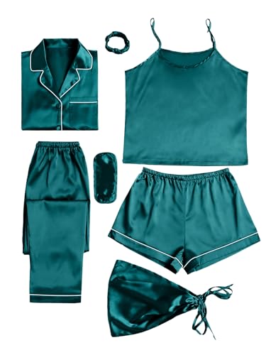 Image of LYANER Women's Silky Satin Pajamas Set | Collar Button Down Long Sleeve Shirt Sleeveless Cami Elastic Waist Shorts and Pants Sleepwear Loungewear 7pcs Pjs Set