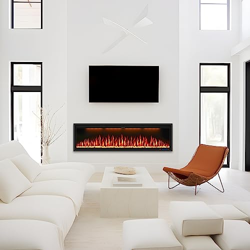 Benrocks 74'' Smart Electric Fireplace Inserts, Recessed & Wall Mounted Fireplace, 13 * 13 * 3 Color Combinations, App Control Fireplace Heater, Timer, Logs & Crystals 750/1500W Black #TOP6