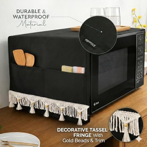 Image of Microwave Oven Cover with Tassel Lace - Waterproof Dustproof Polyester Top Cover for Kitchen with 4 Side Pockets, Modern Design, Black (100 x 35 cm)
