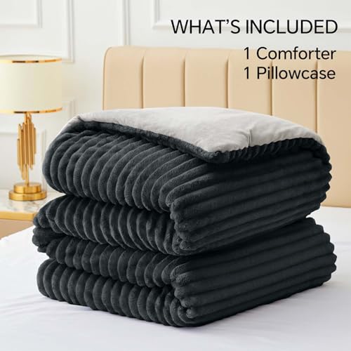 BEDELITE Fleece Twin Comforter Set -Super Soft & Warm Fluffy Black Bedding, Luxury Fuzzy Heavy Bed Set for Winter with 1 Pillow case
