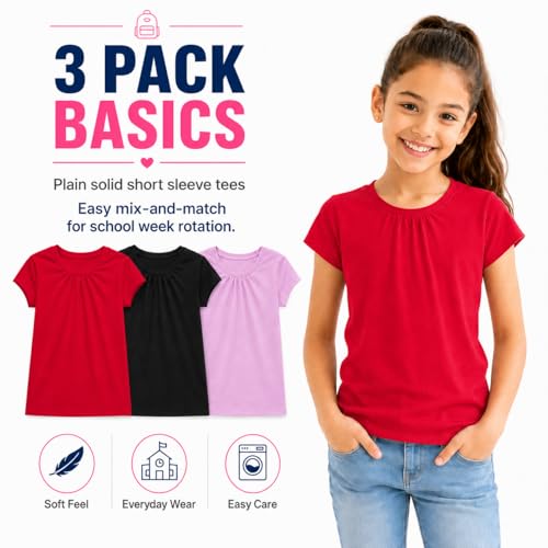 Image of Bienzoe Plain Solid Girls T-Shirts: School Basic Tee 3-Pack | Short Sleeve, Ages 4-13, PE, Recess, Outdoor Play, Soft Cotton Blend, Breathable Quick-Dry, Easy Care, Easy to Mix and Match