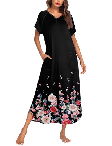 Image of Ekouaer Long Nightgown Women's Loungewear Short Sleeve Sleepwear Full Length Sleep Shirt with Pockets