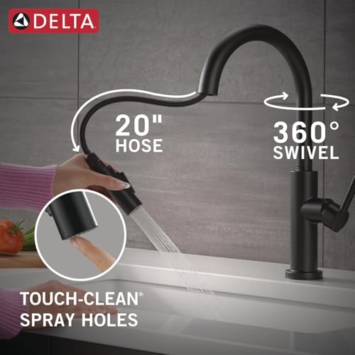 Image of Delta Nicoli Matte Black Kitchen Faucet with Pull Down Sprayer, Bridge 3 Hole Modern Kitchen Sink Faucet, Two-Handle, Matte Black 19867LF-BL