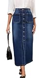 Midi Jean Skirts for Women Button Front High Waisted Stretch Long Denim Skirt with Slit Pockets Dark Blue XL