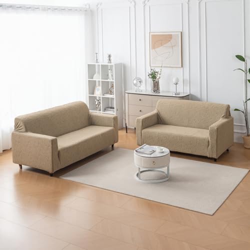 Image of House of Quirk Universal Jacquard Fabric Sofa Cover - Soft, Stretchable Couch Slipcover, Flexible Fit, Wrinkle-Resistant & Easy to Clean (Khaki, Two Seater)