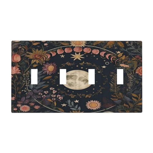 Celestial Sun Moon Phase Starry Sky Dark Academia Witchy Botanical Quad Toggle Light Switch Covers Decorative 4 Gang Wall Plate Cover 4 Hole Electrical Device Switchplates Faceplate for Bathroom