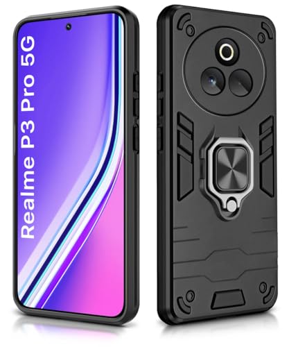 Image of WOW IMAGINE Shock Proof Back Case Mobile Cover for Realme P3 Pro 5G | Back Cover Case (Tough Armor | Hybrid PC + TPU | Ring Holder & in-Built Kickstand | Black)